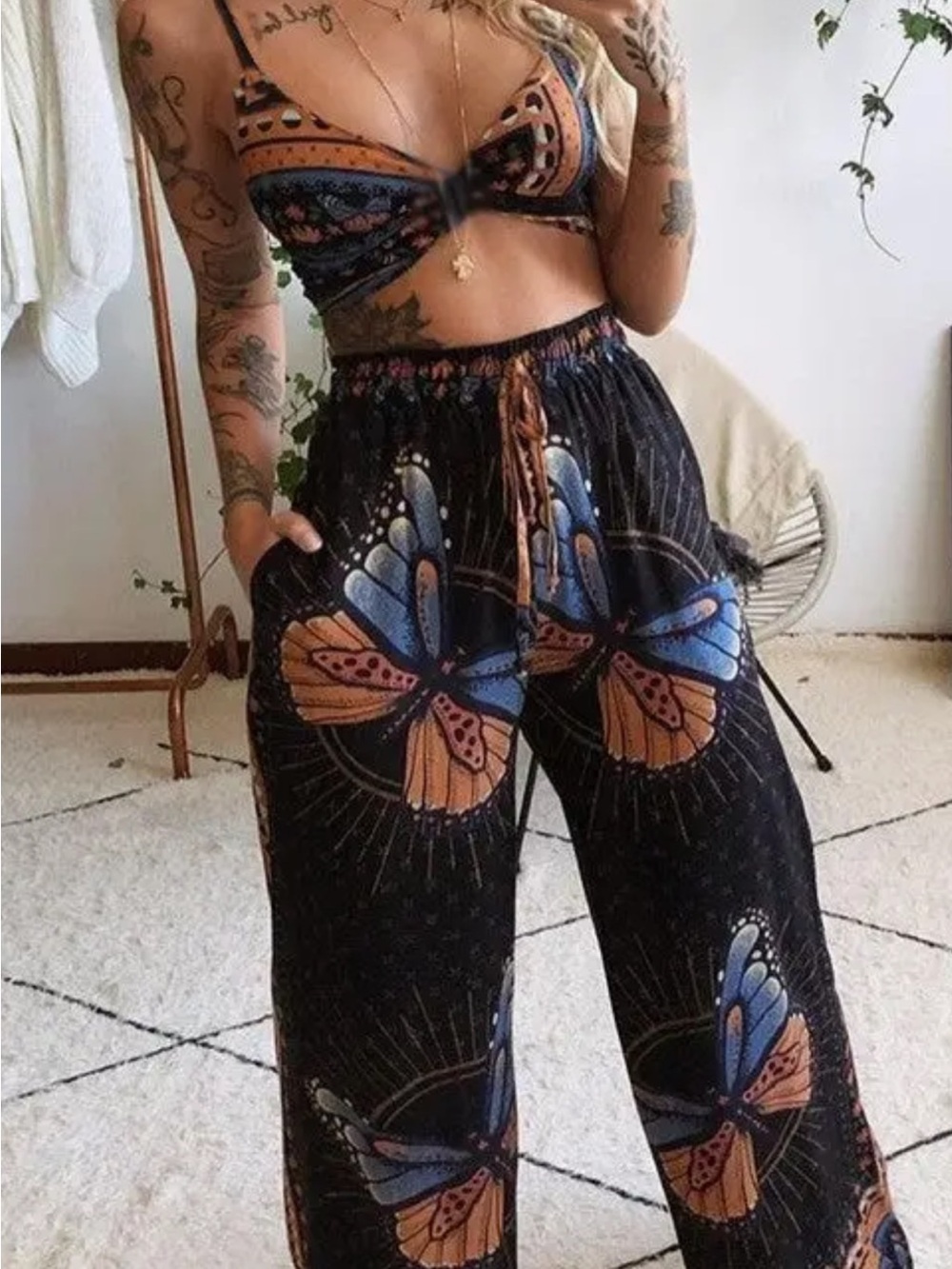 Boho Butterfly Wide Leg Pants with Matching Crop Top - Black & Orange